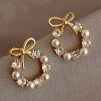 Sparkling Bow Pearl Diamond Stud Earrings