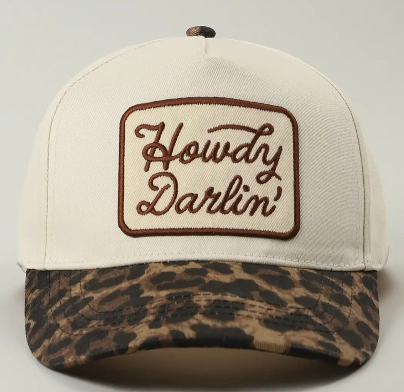 Howdy darlin’ embroidered Leopard brim trucker hat