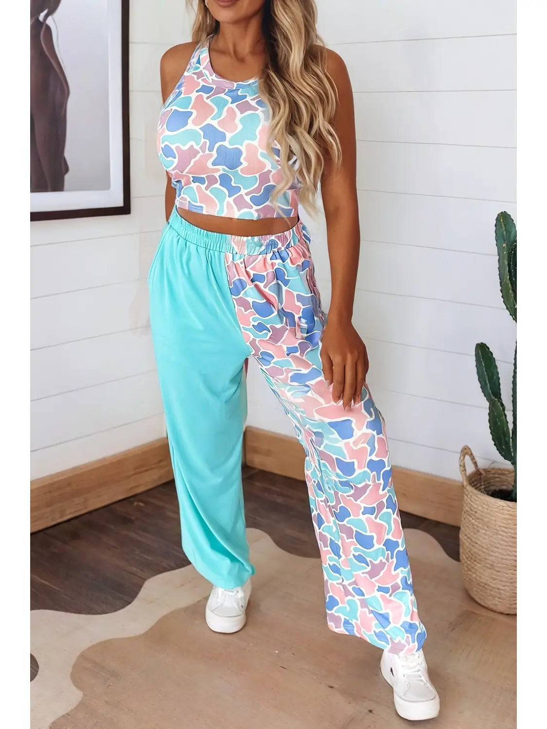 Las-Live Camo Cropped Tank Color Block Pants 2pcs Set (S-XL)