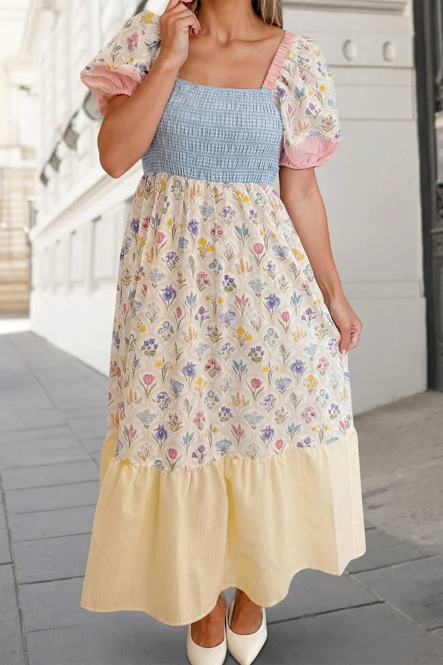 Floral Colorblock Patchwork Shirred Maxi Dress | S-XL